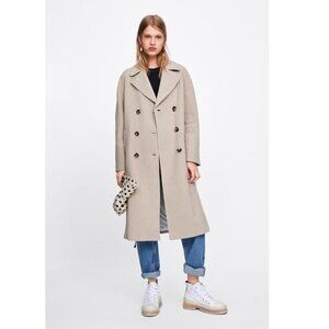 NEW Zara Double Breasted Long Coat Mink Light Beige XS S Textured Cotton Lapel
